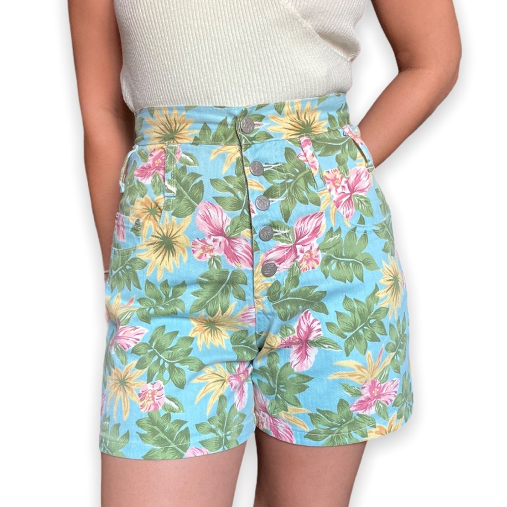 Vintage Tropical Floral High Rise Denim Shorts